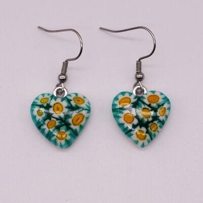 HEART earrings in authentic and handmade Murano glass MURRINE earrings green white yellow