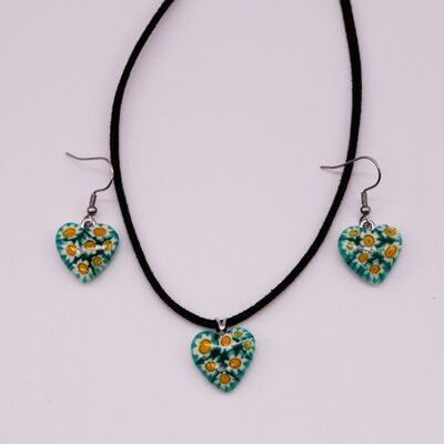 Murano glass HEART necklace in genuine Murrine handmade glass color green white and yellow
