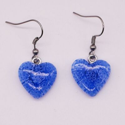 Boucles d'oreilles COEUR en verre de Murano authentique et artisanal fait main Boucles en MURRINE ou millefiori bleu