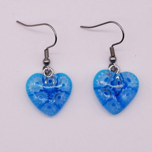 Boucles d'oreilles coeur en verre de Murano authentique et artisanal fait main Boucles en MURRINE bleu turquoise