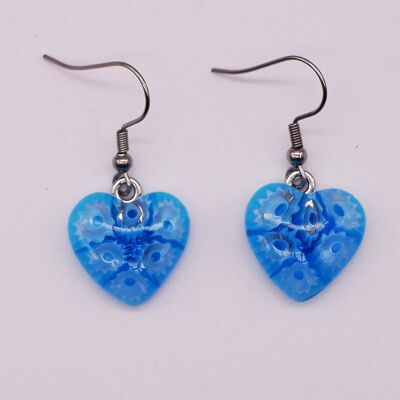 Boucles d'oreilles coeur en verre de Murano authentique et artisanal fait main Boucles en MURRINE bleu turquoise