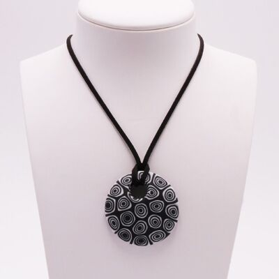 Murano glass necklace - round curved matte black and white MURRINE pendant