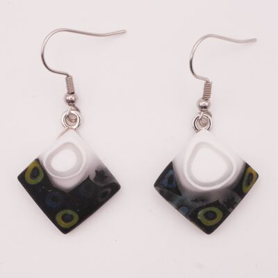 Authentic and handcrafted Murano glass earrings Black matte MURRINE square and white round earrings