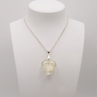 Collier COEUR feuille d'or blanc en verre de Murano  certifié fait main monté sur chaine