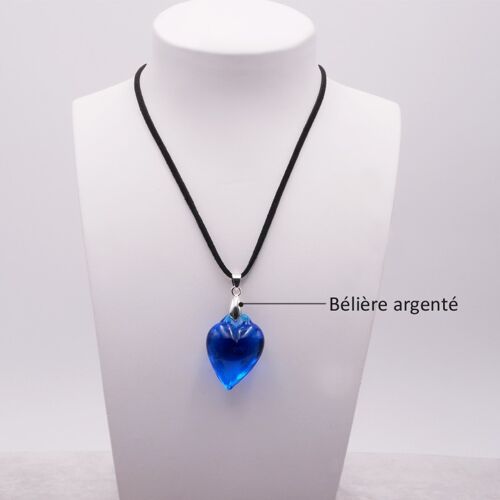 Collier COEUR bleu turquoise en verre de Murano authentique avec cordon