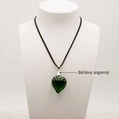 Emerald green HEART necklace in authentic Murano glass with cord