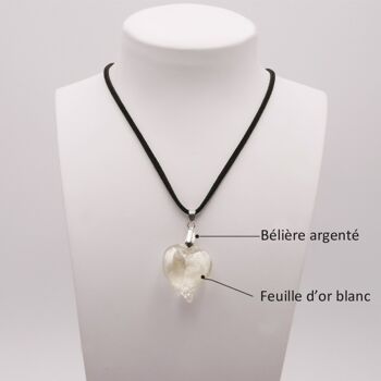 Collier COEUR feuille d'or blanc en verre de Murano authentique avec cordon 1