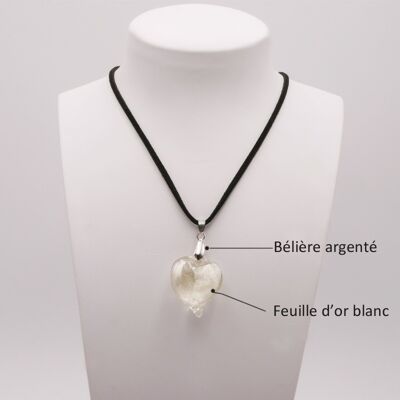 Collier COEUR feuille d'or blanc en verre de Murano authentique avec cordon