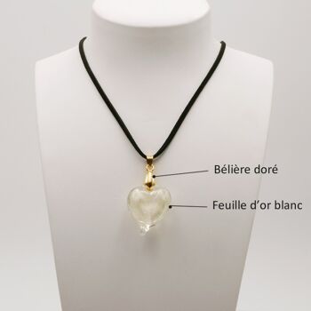 Collier COEUR feuille d'or blanc en verre de Murano authentique avec cordon 3