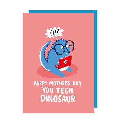 Paquete de 6 tarjetas de felicitación divertidas para el día de la madre de Tech Dinosaur