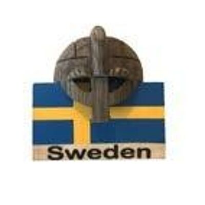 Bandera de Suecia con imán de casco vikingo