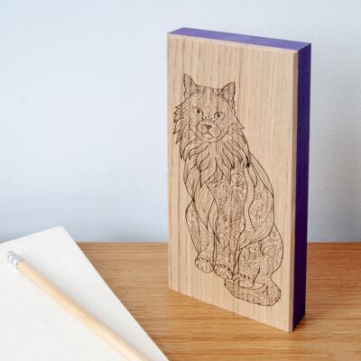 Fluffy Cat Oak Artwork Block (UT-AB02-PIN)