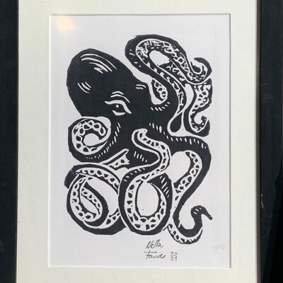 Original Linoprint Octopus Black on White