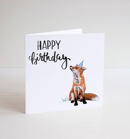 Fox happy birthday card - Happy Birthday Card - funny birthday cards - general greeting cards - party hat - foxy -blank inside card