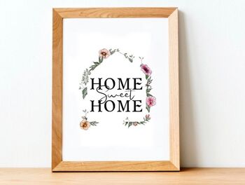 Home sweet home Print - Peinture - Cadeau de pendaison de crémaillère - Nouveau cadeau de maison - Art mural - Cadeau de déménagement - Image florale - Nouveau cadeau de maison - Impression A4 Noir et blanc 1