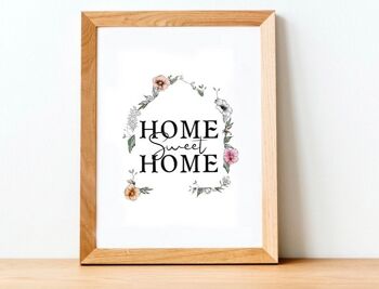 Home sweet home Print - Peinture - Cadeau de pendaison de crémaillère - Nouveau cadeau de maison - Art mural - Cadeau de déménagement - Image florale - Nouveau cadeau de maison - Impression A4 Noir et blanc 2