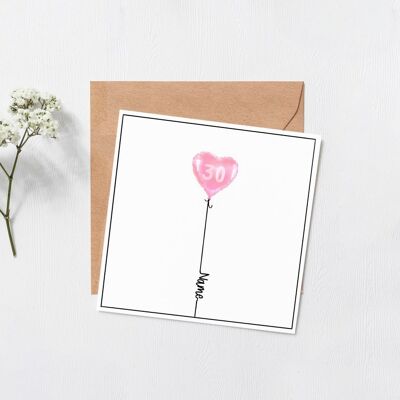Tarjeta de cumpleaños personalizada con globo de corazón - nombre en la tarjeta de cumpleaños - 16 - 18 - 21 - 30 cumpleaños - Tarjeta personalizada - tarjeta personalizada - 1 - Rosa Sin mensaje dentro