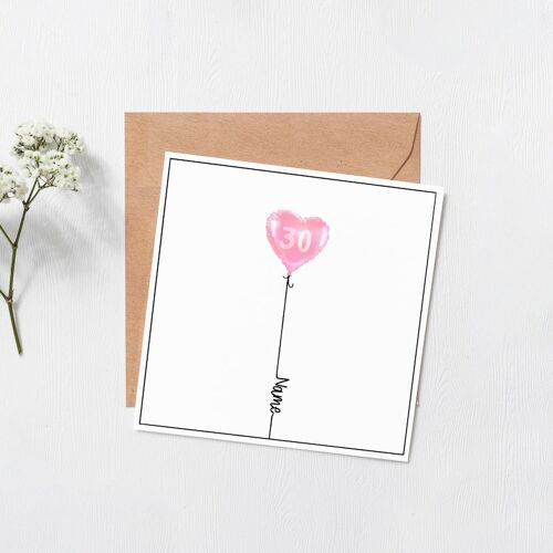 Personalised Heart Balloon birthday card - name on birthday card - 16th - 18th - 21st - 30th Birthday - Custom card - personalised card - 2 - Red Yes - Send to them