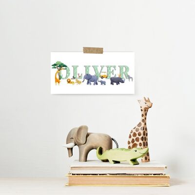 Personalisierter Safari-Namensdruck – Kinderzimmerkunst – personalisierte Namenskunst – Babypartygeschenk – Taufgeschenk – Kinderzimmer – Tiernamenkunst – A4 blau