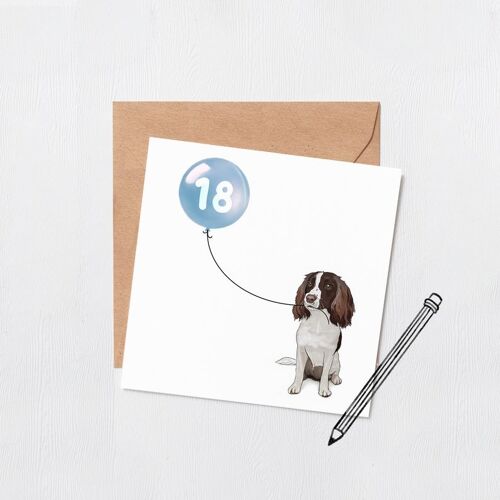 Springer spaniel dog birthday balloon card - Greeting card - Happy birthday - 16th - 18th - 21st - 30th - Custom number - dog birthday card - Pink 16