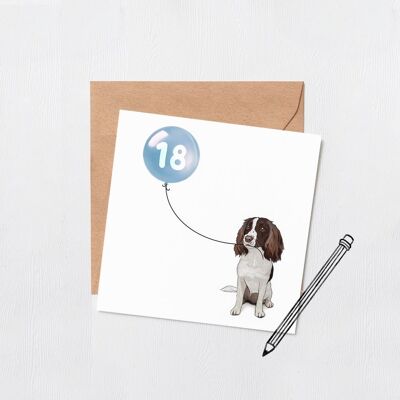 Springer spaniel dog birthday balloon card - Greeting card - Happy birthday - 16th - 18th - 21st - 30th - Custom number - dog birthday card - Pink 18