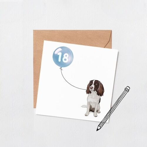 Springer spaniel dog birthday balloon card - Greeting card - Happy birthday - 16th - 18th - 21st - 30th - Custom number - dog birthday card - Blue 30