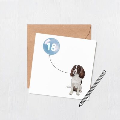 Tarjeta de globo de cumpleaños de perro Springer spaniel - Tarjeta de felicitación - Feliz cumpleaños - 16 - 18 - 21 - 30 - Número personalizado - tarjeta de cumpleaños de perro - Azul 30