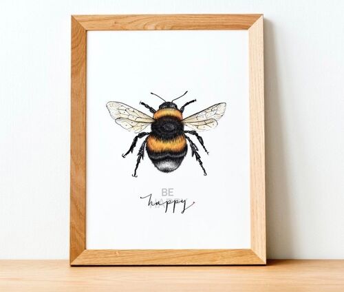 Be happy Bee Print - Painting - science illustration - wildlife art - bee - animal print - Bee happy quote - inspirational quote - - A5