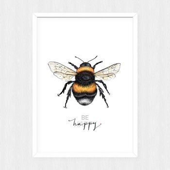 Be happy Bee Print - Peinture - illustration scientifique - art animalier - abeille - imprimé animal - Citation heureuse d'abeille - citation inspirante - - A5 2