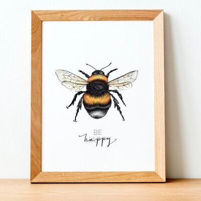 Be happy Bee Print - Painting - science illustration - wildlife art - bee - animal print - Bee happy quote - inspirational quote - - A4