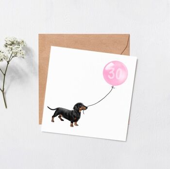 Carte ballon anniversaire chien teckel - Carte de voeux - Joyeux anniversaire - 16 - 18 - 21 - 30 - intérieur vierge - Numéro personnalisé - carte chien - Rose 18 3