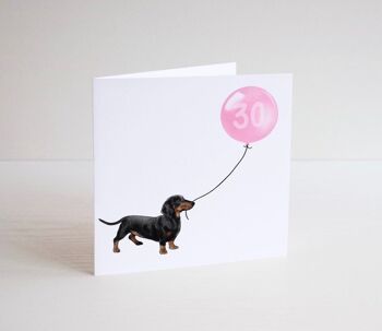 Carte ballon anniversaire chien teckel - Carte de voeux - Joyeux anniversaire - 16 - 18 - 21 - 30 - intérieur vierge - Numéro personnalisé - carte chien - Rose 30 2
