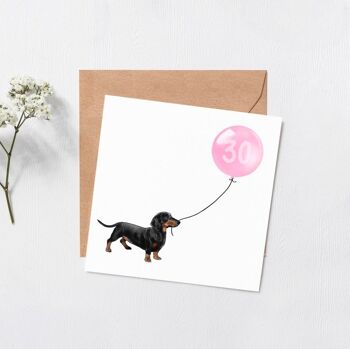 Carte ballon anniversaire chien teckel - Carte de voeux - Joyeux anniversaire - 16 - 18 - 21 - 30 - intérieur vierge - Numéro personnalisé - carte chien - Rose 30 3