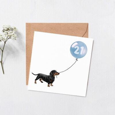 Dackel Hund Geburtstag Ballon Karte – Grußkarte – Happy Birthday – 16. – 18. – 21. – 30. – innen leer – benutzerdefinierte Nummer – Hundekarte – blau andere