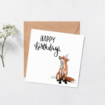 Fox happy birthday card - Happy Birthday Card - funny birthday cards - greeting cards - party hat - foxy - pretty cards - blank inside