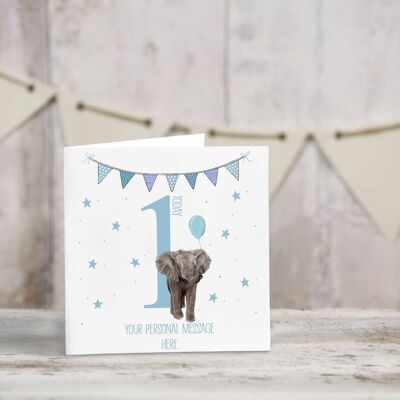 Tarjeta de cumpleaños de bebé personalizada - Tarjeta de felicitación - Feliz cumpleaños - elefante bebé - primer cumpleaños - tarjeta de cumpleaños de sobrino - tarjeta interior en blanco - 1er cumpleaños