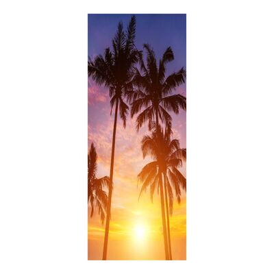 Autocollant de porte palmiers sur le ciel et le coucher du soleil