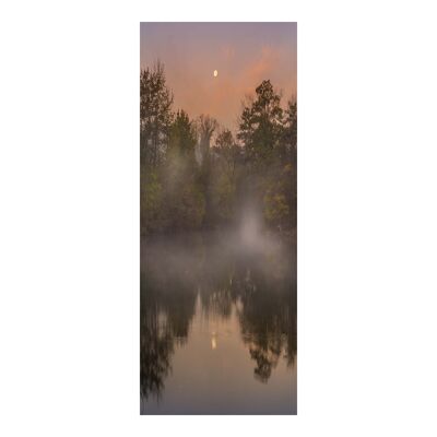 Nebel und Mond über dem See Türaufkleber zum Abziehen und Aufkleben, Vinyl-Türfolie, Art Décor