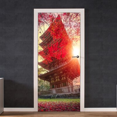 Japanischer Tempel im Herbst Türaufkleber zum Abziehen und Aufkleben, Vinyl-Türfolie, Kunstdekor
