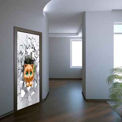 Cat Peeking From a Broken Wall Door Sticker Peel & Stick Vinyl Door Wrap Art Décor