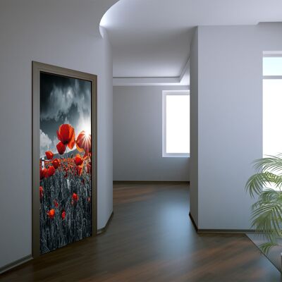 Amapolas rojas en el campo Adhesivo para puerta Peel & Stick Vinilo Envoltura para puerta Art Décor