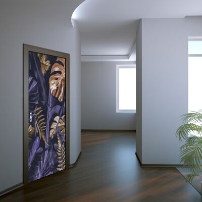 Adhesivo para puerta con hojas tropicales doradas y moradas, vinilo adhesivo para puerta, decoración artística