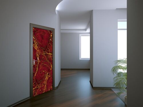 Red Marble Textured with Golden Veins Door Sticker Peel & Stick Vinyl Door Wrap Art Décor