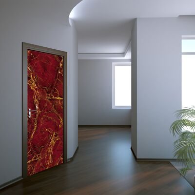 Red Marble Textured with Golden Veins Door Sticker Peel & Stick Vinyl Door Wrap Art Décor