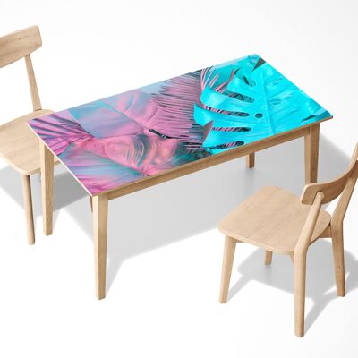 Cubierta de decoración de arte de escritorio de mesa de vinilo autoadhesivo laminado Monstera rosa y azul