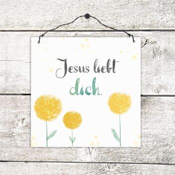Petit panneau en bois - Jésus t'aime (fleurs)