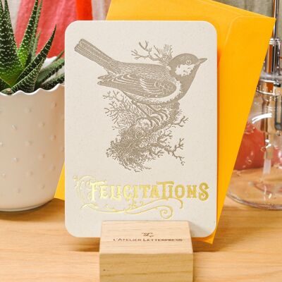 Felicidades Chickadee Letterpress Card (con sobre), oro, amarillo, vintage, papel grueso reciclado