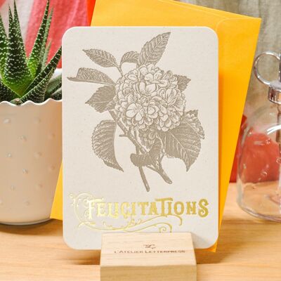 Carte Letterpress Félicitations Hortensia (avec enveloppe), or, jaune, vintage, papier recyclé épais