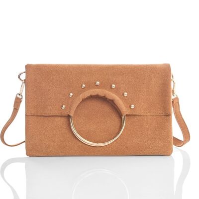 Bolso clutch con asa redonda dorada camel