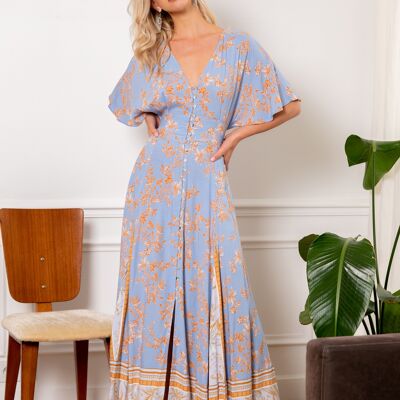 Long buttoned dress fitted at the waist in bohemian print with V-neck